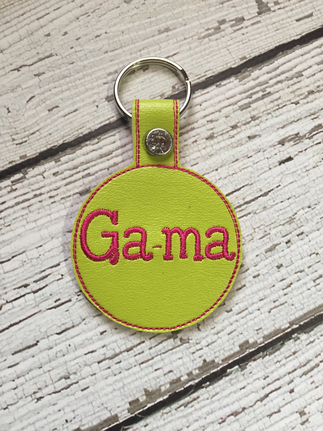 Gama Embroidered Personalized Pink Vinyl / Leather with Rhinestone Rivet Key Chain Mother's Day Birthday