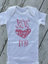 Load image into Gallery viewer, Jesus Loves Me Baby Outfit, Jesus Loves Me Bodysuit, Jesus Loves Me Gift, Birthday Gift, Baby Shower Gift, Christian Baby Gift