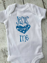 Load image into Gallery viewer, Jesus Loves Me Baby Outfit, Jesus Loves Me Bodysuit, Jesus Loves Me Gift, Birthday Gift, Baby Shower Gift, Christian Baby Gift